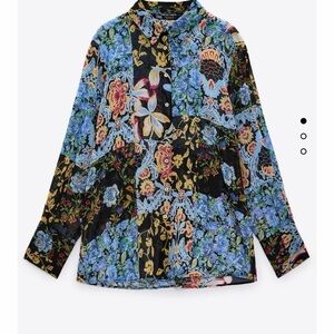 Zara Floral Patchwork Flowy Button-Down Shirt Size S